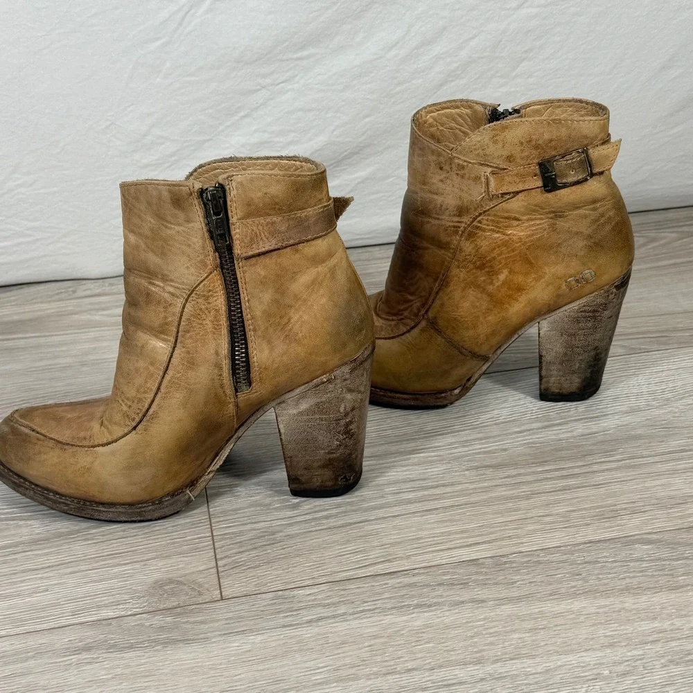Bed‎ Stu Distressed Tan Isla Leather Ankle Boots Block Heel Side Zip 8078 Size 8